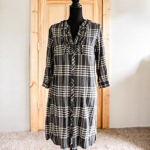 Banana Republic Plaid Dress Black White and Grey 3/4 Sleeve Size 8 100% Cotton
